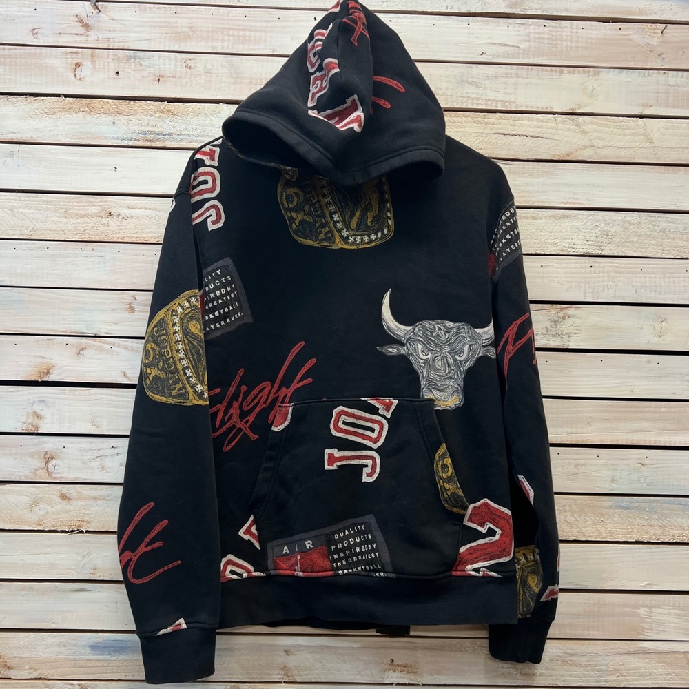 Jordan Brand Black Cotton Fleece Hoodie Bulls Championship Rings Small